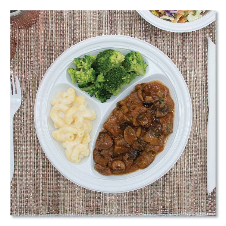 Plastic Plates, 3-Compartment, 9" Dia, White, 125/pack, 4 Packs/carton - Image 4