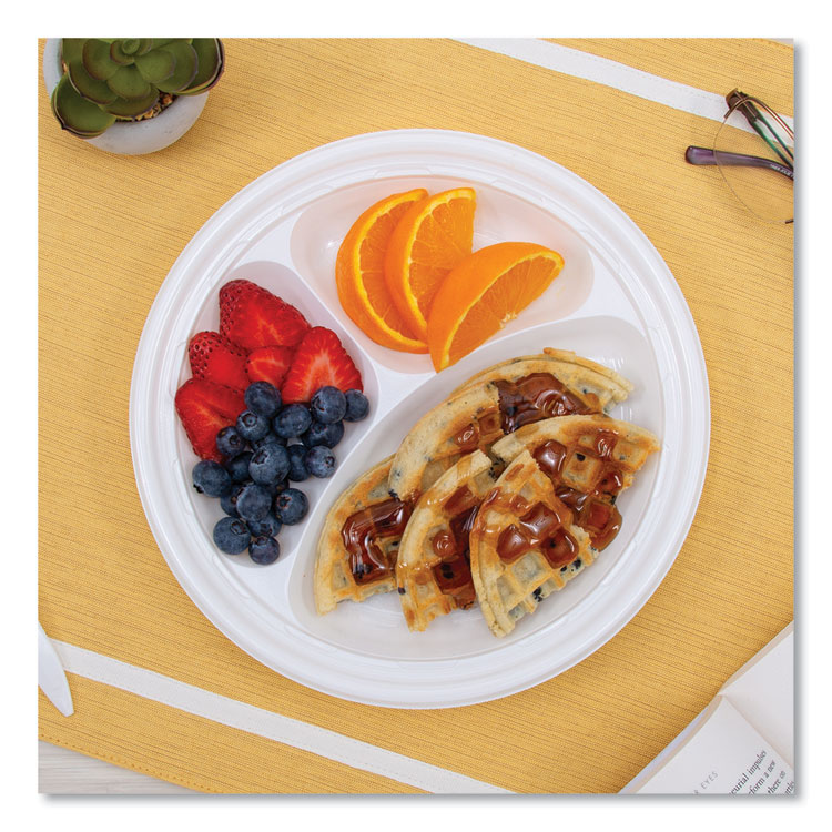 Plastic Plates, 3-Compartment, 9" Dia, White, 125/pack, 4 Packs/carton - Image 5