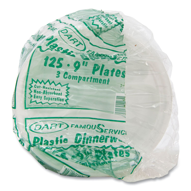 Plastic Plates, 3-Compartment, 9" Dia, White, 125/pack, 4 Packs/carton - Image 2