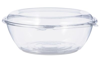 Tamper-Resistant, Tamper-Evident Bowls with Dome Lid, 48 oz, 8.9″ Diameter x 3.4″h, Clear, Plastic, 100/Carton