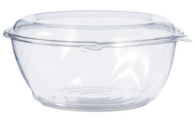 Tamper-Resistant, Tamper-Evident Bowls with Dome Lid, 64 oz, 8.9″ Diameter x 4″h, Clear, Plastic, 100/Carton