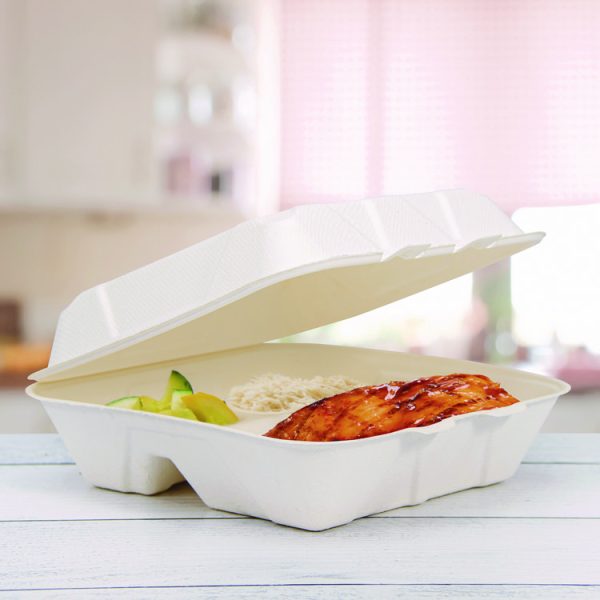 Compostable Fiber Hinged Trays, ProPlanet Seal, 3-Compartment, 9.25 x 9.45 x 2.17, Ivory, Molded Fiber, 200/Carton - Image 6