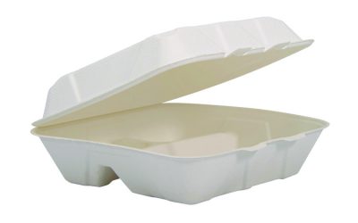 Compostable Fiber Hinged Trays, ProPlanet Seal, 3-Compartment, 9.25 x 9.45 x 2.17, Ivory, Molded Fiber, 200/Carton