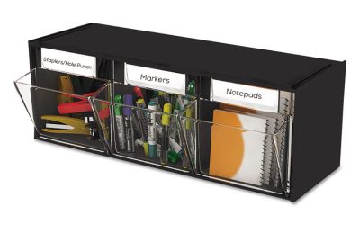 Tilt Bin Interlocking Multi-Bin Storage Organizer, 3 Sections, 23.63″ X 7.75″ X 9.5″, Black/clear