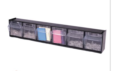 Tilt Bin Interlocking Multi-Bin Storage Organizer, 6 Sections, 23.63″ X 3.63″ X 4.5″, Black/clear