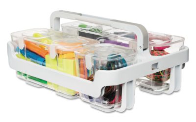 Stackable Caddy Organizer with S, M and L Containers, Plastic, 10.5 x 14 x 6.5, White Caddy/Clear Containers