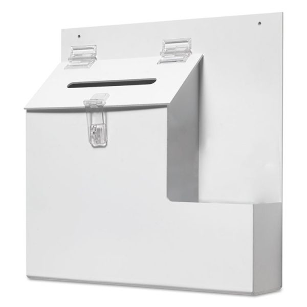 Suggestion Box Literature Holder with Locking Top, 13.75 x 3.63 x 13.94, Plastic, White, Ships in 4-6 Business Days - Image 5