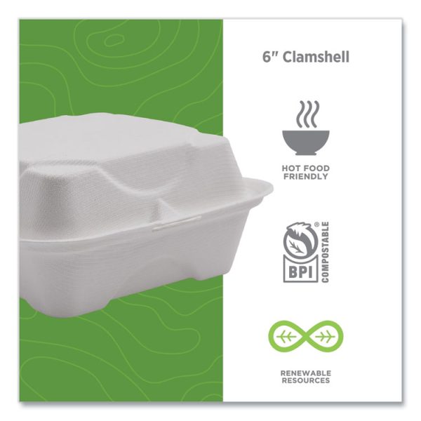 Vanguard Renewable And Compostable Sugarcane Clamshells, 6 X 6 X 3, White, 500/carton - Image 5