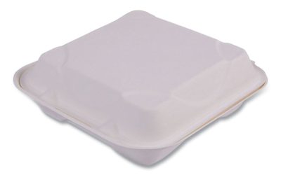 Bagasse Hinged Clamshell Containers, 9 x 9 x 3, White, Sugarcane, 50/Pack, 4 Packs/Carton