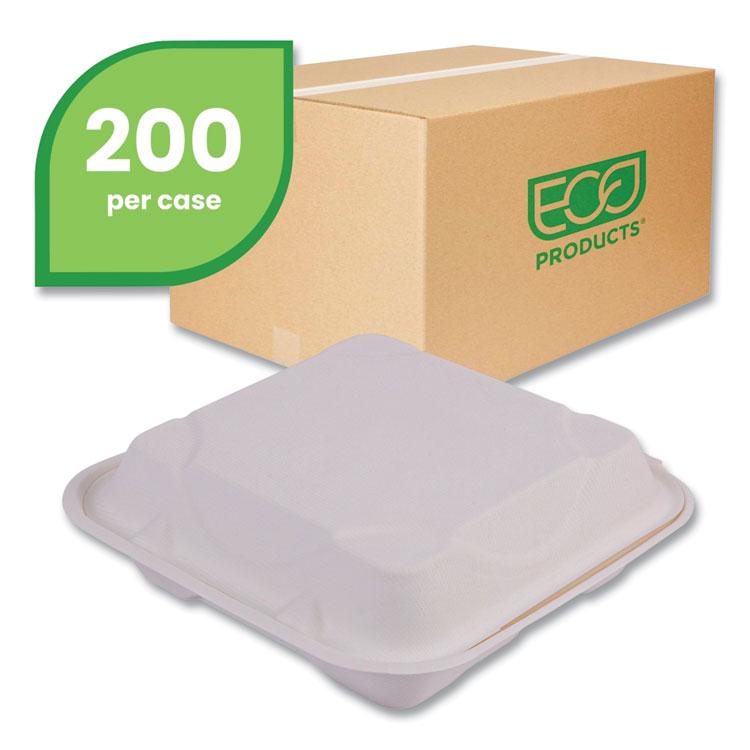 Vanguard Renewable And Compostable Sugarcane Clamshells, 3-Compartment, 9 X 9 X 3, White, 200/carton - Image 2