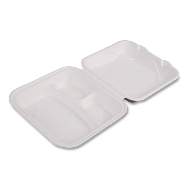 Vanguard Renewable And Compostable Sugarcane Clamshells, 3-Compartment, 9 X 9 X 3, White, 200/carton - Image 3
