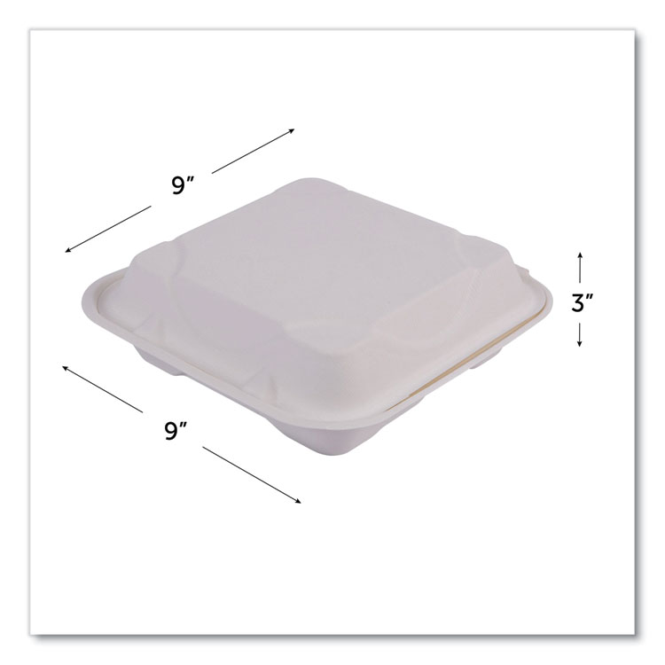 Vanguard Renewable And Compostable Sugarcane Clamshells, 3-Compartment, 9 X 9 X 3, White, 200/carton - Image 4