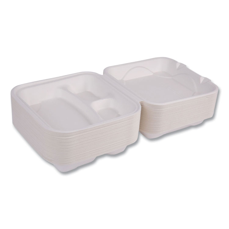 Vanguard Renewable And Compostable Sugarcane Clamshells, 3-Compartment, 9 X 9 X 3, White, 200/carton - Image 6