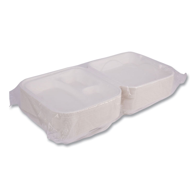 Vanguard Renewable And Compostable Sugarcane Clamshells, 3-Compartment, 9 X 9 X 3, White, 200/carton - Image 7