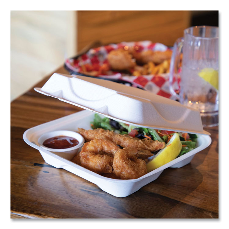 Vanguard Renewable And Compostable Sugarcane Clamshells, 3-Compartment, 9 X 9 X 3, White, 200/carton - Image 8