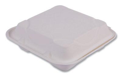 Bagasse Hinged Clamshell Containers, 3-Compartment, 9 x 9 x 3, White, Sugarcane, 50/Pack, 4 Packs/Carton