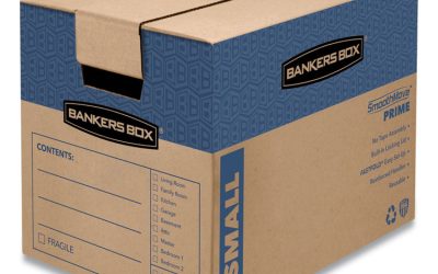 SmoothMove Prime Moving/Storage Boxes, Hinged Lid, Regular Slotted Container, Small, 12″ x 16″ x 12″, Brown/Blue, 10/Carton