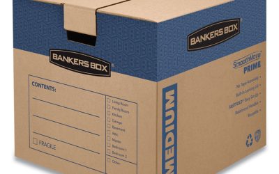 SmoothMove Prime Moving/Storage Boxes, Hinged Lid, Regular Slotted Container, Medium, 18″ x 18″ x 16″, Brown/Blue, 8/Carton