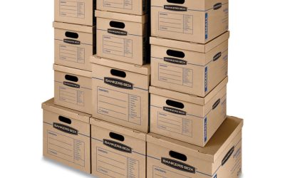 SmoothMove Classic Moving/Storage Box Kit, Half Slotted Container (HSC), Assorted Sizes: (8) Small, (4) Med, Brown/Blue,12/CT