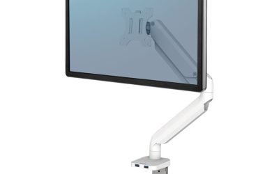 Platinum Series Single Monitor Arm, For 27″ Monitors, 360 Deg Rotation, 45 Deg Tilt, 180 Deg Pan, White, Supports 20 Lb