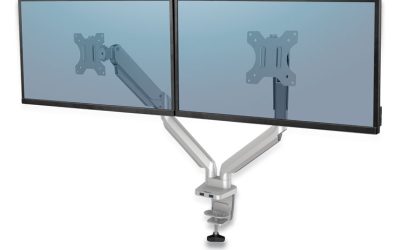 Platinum Series Dual Monitor Arm, For 27″ Monitors, 360 Deg Rotation, 45 Deg Tilt, 180 Deg Pan, Silver, Supports 20 Lb