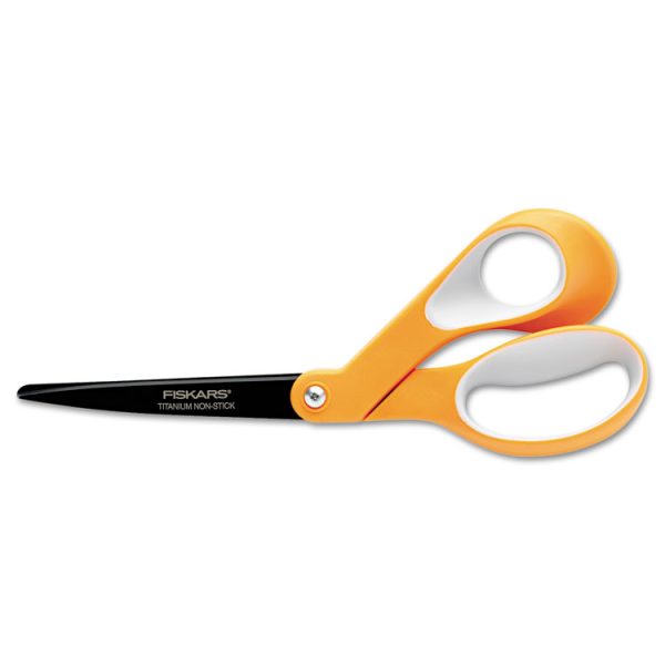 Premier Non-Stick Titanium Softgrip Scissors, 8" Long, 3.1" Cut Length, Orange/gray Offset Handle