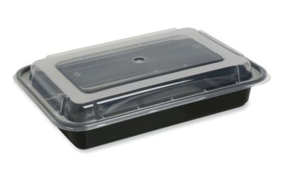 Microwavable Food Container with Lid, Rectangular, 28 oz, 8.81 x 6.02 x 2.04, Black/Clear, Plastic, 150/Carton