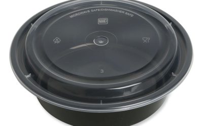 Microwavable Food Container with Lid, Round, 32 oz, 7.28 x 7.28 x 2.55, Black/Clear, Plastic, 150/Carton