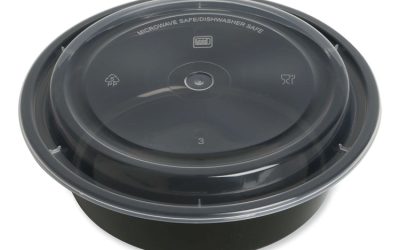 Microwavable Food Container with Lid, Round, 32 oz, 7.28 x 7.28 x 2.55, Black/Clear, Plastic, 150/Carton