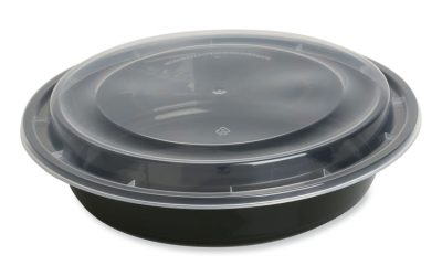 Microwavable Food Container with Lid, Round, 48 oz, 8.85 x 8.85 x 2.24, Black/Clear, Plastic, 150/Carton