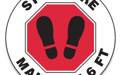 Slip-Gard Social Distance Floor Signs, 12″ Circle, “stop Here Maintain 6 Ft”, Footprint, Red/white, 25/pack