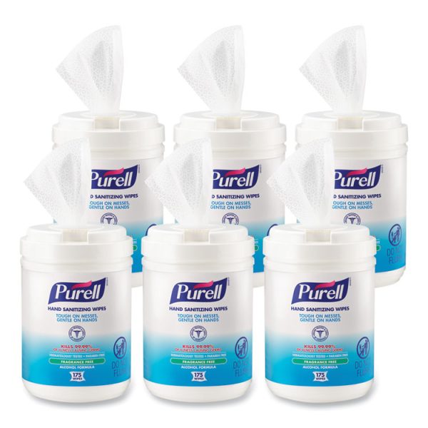 Hand Sanitizing Wipes Alcohol Formula, 6 x 7, Unscented, White, 175/Canister, 6 Canisters/Carton