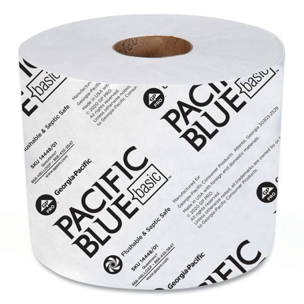 Pacific Blue Basic High-Capacity Bathroom Tissue, Septic Safe, 1-Ply, White, 1,500/roll, 48/carton