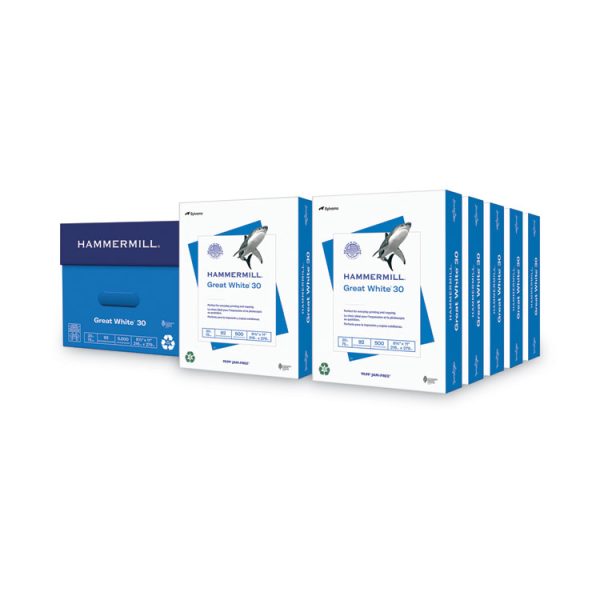 Great White 30 Recycled Print Paper, 92 Bright, 20 lb Bond Weight, 8.5 x 11, White, 500 Sheets/Ream, 10 Reams/Carton