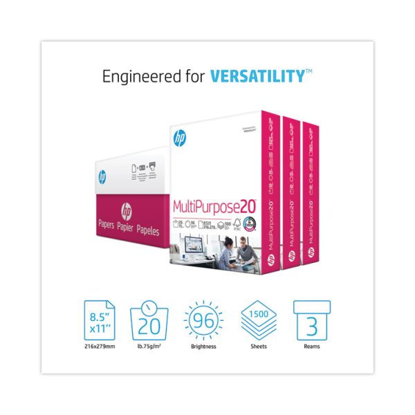 MultiPurpose20 Paper, 96 Bright, 20 lb Bond Weight, 8.5 x 11, White, 500 Sheets/Ream, 3 Reams/Carton - Image 2