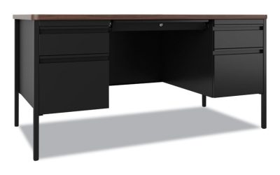 Teachers Pedestal Desks, Left and Right-Hand Pedestals: Box/File Drawer Format, 60″ x 30″ x 29.5″, Walnut/Black