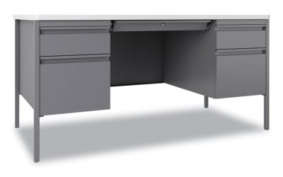 Teachers Pedestal Desks, Left and Right-Hand Pedestals: Box/File Drawer Format, 60″ x 30″ x 29.5″, White/Platinum