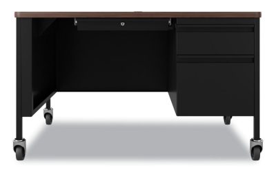 Mobile Teachers Pedestal Desks, Right-Hand Pedestal: Box/File Drawers, 48″ x 30″ x 29.5″, Walnut/Black