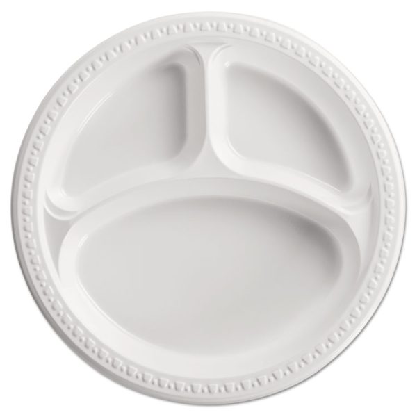 Heavyweight Plastic 3-Compartment Plates, 10.25" Dia, White, 125/pack, 4 Packs/carton