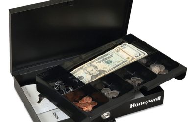 Low Profile Cash Box,1 Bill, 5 Coin Slots, Key Lock, 11.6 X 8 X 1.9, Steel, Black