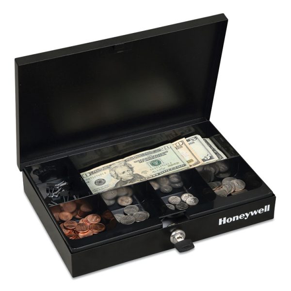 Low Profile Cash Box,1 Bill, 5 Coin Slots, Key Lock, 11.6 X 8 X 1.9, Steel, Black - Image 2