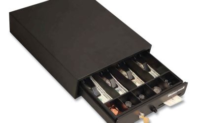 Space-Saving Steel Cash Drawer, 4 Bill, 5 Coin Slots, Key Lock, 17 X 13 X 4, Black