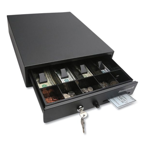 Space-Saving Steel Cash Drawer, 4 Bill, 5 Coin Slots, Key Lock, 17 X 13 X 4, Black - Image 2