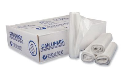 High-Density Commercial Can Liners, 30 gal, 16 mic, 30″ x 37″, Clear, 25 Bags/Roll, 20 Interleaved Rolls/Carton