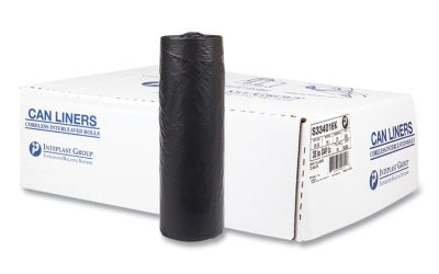 High-Density Commercial Can Liners, 33 gal, 16 mic, 33″ x 40″, Black, 25 Bags/Roll, 10 Interleaved Rolls/Carton