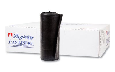 High-Density Commercial Can Liners, 60 gal, 17 mic, 38″ x 60″, Black, 25 Bags/Roll, 8 Interleaved Rolls/Carton