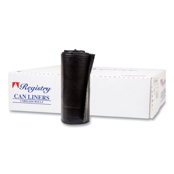 High-Density Commercial Can Liners, 60 gal, 17 mic, 38" x 60", Black, 25 Bags/Roll, 8 Interleaved Rolls/Carton