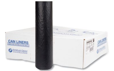 High-Density Commercial Can Liners, 60 gal, 16 mic, 43″ x 48″, Black, 25 Bags/Roll, 8 Interleaved Rolls/Carton