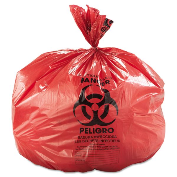 Biohazard Low-Density Commercial Can Liners, Coreless Interleaved Roll, 4 gal, 1.3 mil, 40" x 46", Red, 20/Roll, 5 Rolls/CT - Image 3