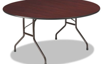 OfficeWorks Wood Folding Table, Round, 60″ x 29″, Mahogany Top, Gray Base